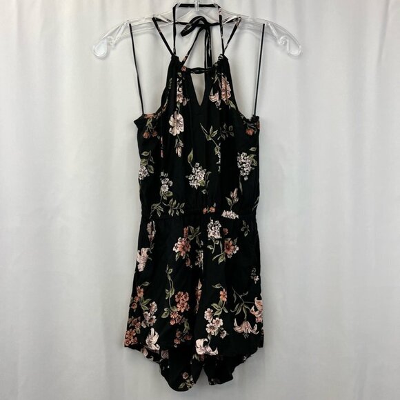 Angie Womens Romper Black Pink Floral Print Halter Sleeveless Spaghetti Strap S - Picture 1 of 10